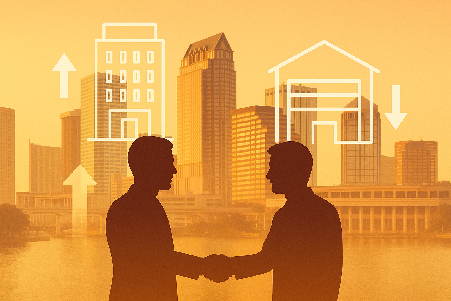 ampa Bay commercial real estate skyline at sunset, showing modern office buildings and urban development.