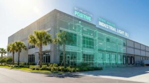 State Certified Appraiser analyzing industrial warehouse value in Tampa Bay with digital data overlay.