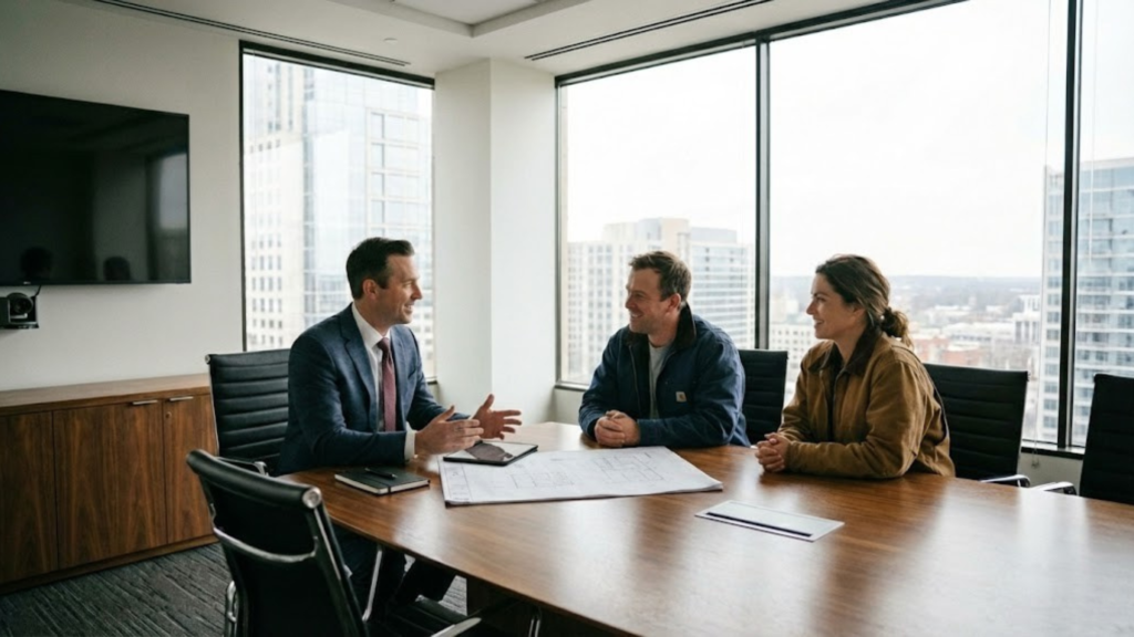 An investment meeting between two blue collar workers and a commercial broker in tampa bay