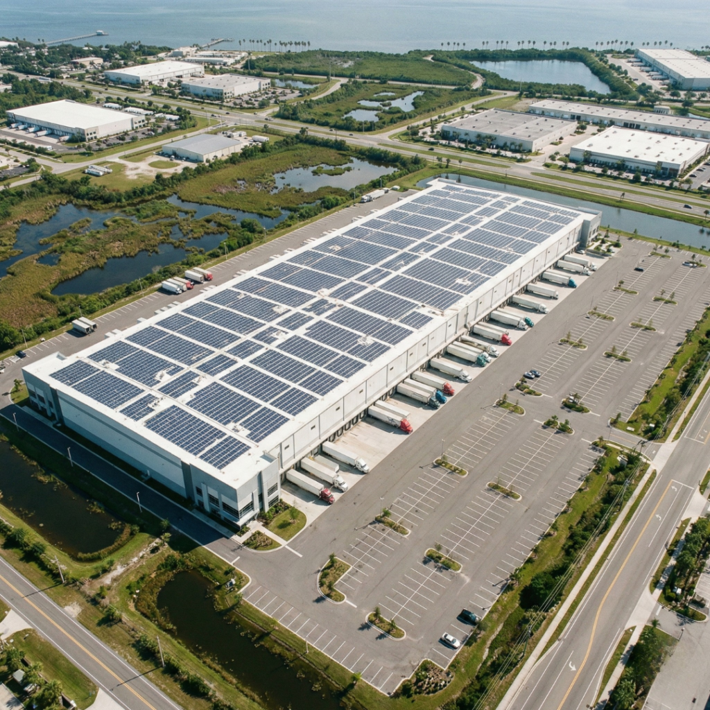 An aerial shot of a large warehouse in tampa bay
